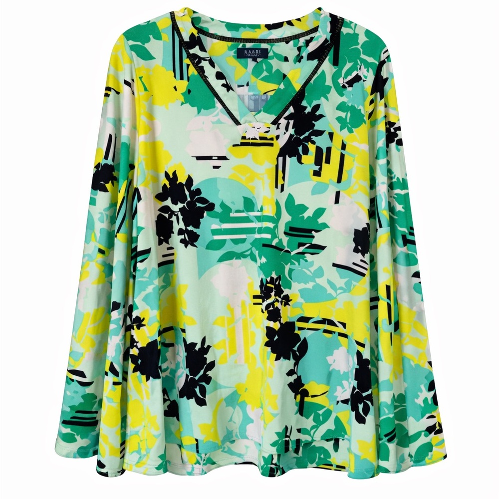 Kaari Blue Blouse Top green yellow floral long bell sleeves size L